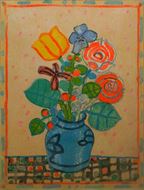 ポール・アイズピリ「ベージュの背景の青い花瓶の花束」
